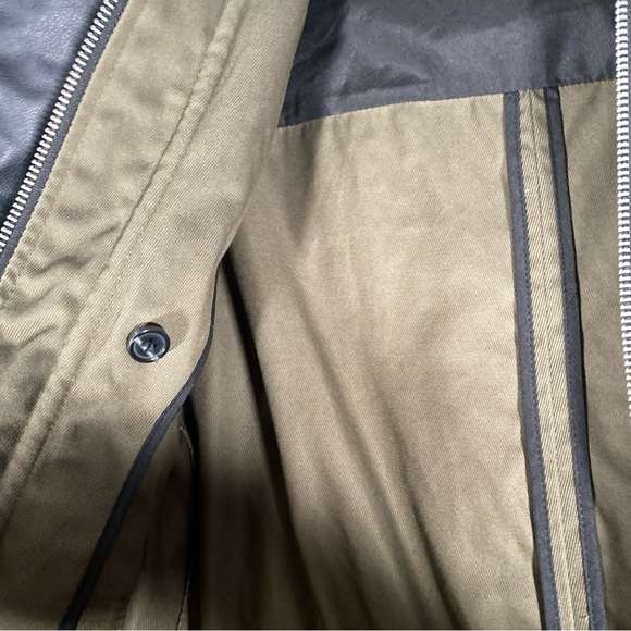 Zara Khaki / Black Jacket Hooded Coat Sz XS Faux Leather Sleeves Long Military - Picture 6 of 9